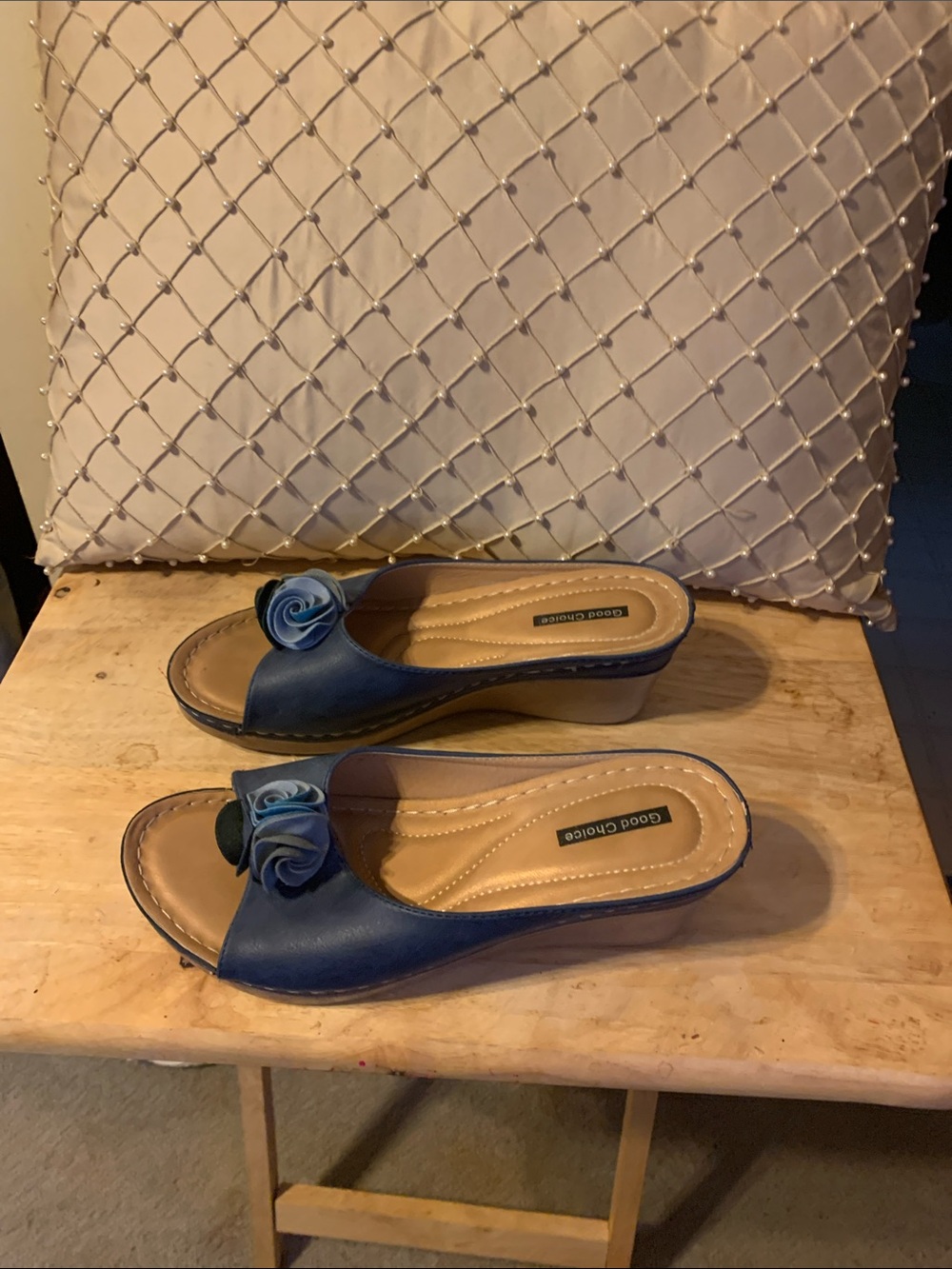 Good Choice Navy Blue Wedge Mules with Rosette Accent
